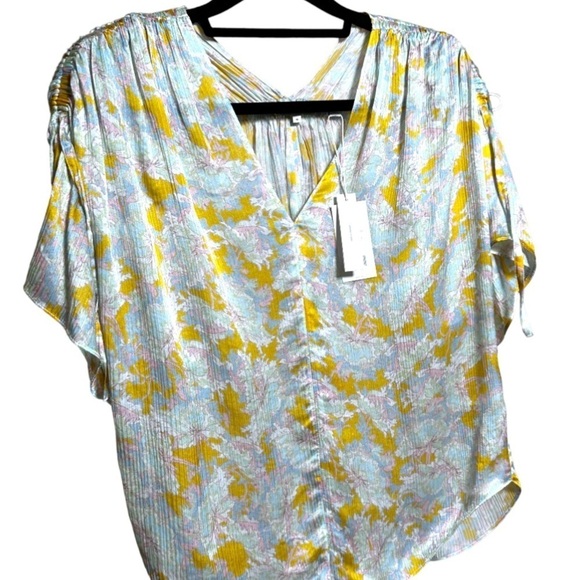 🅽🅴🆆 Vince Lotus Ruched Dolman Sleeve Silk Floral Short-Sleeve Blouse, M - Picture 6 of 17